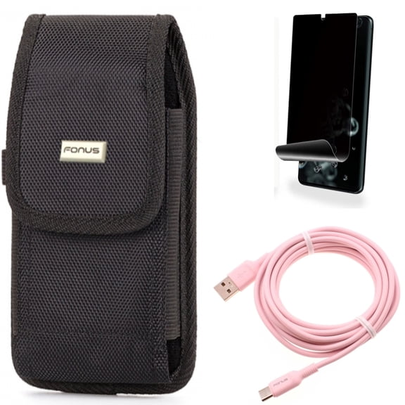 Privacy Screen Protector w 10ft Long USB-C Cable w Case Belt Clip for Samsung Galaxy S20 Ultra - TPU Film [NOT GLASS] [Fingerprint Works], Pink Charger Cord Power Wire, Swivel fits Galaxy S20 Ultra