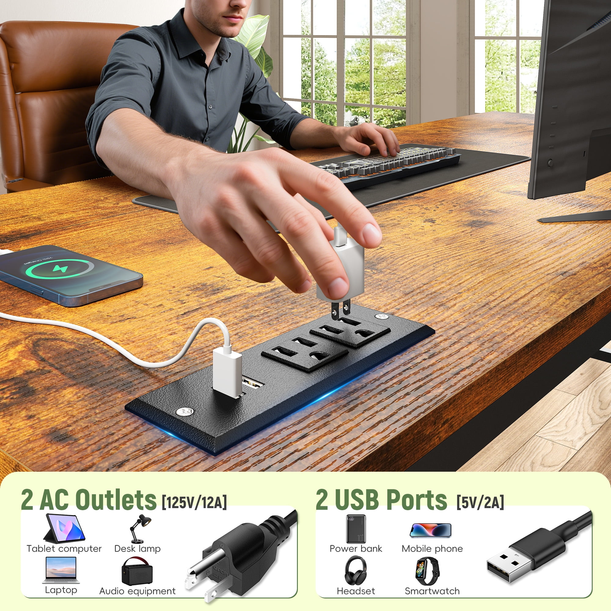 Romorgniz Computer Desk with Power Outlet & Fabric Drawer, Adjustable Gaming Office Desk with LED Lights & CPU Stand for Small Spaces, Rustic Brown