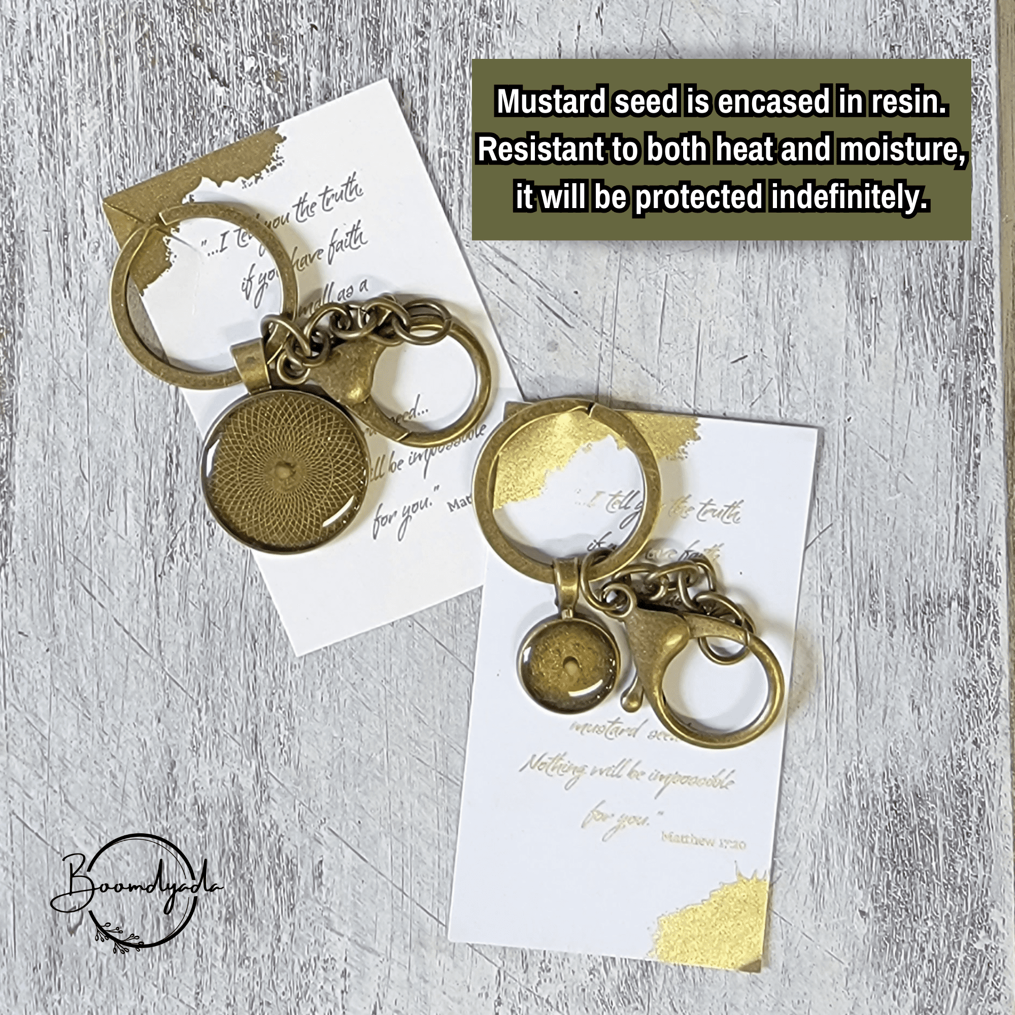 Mustard seed keychain,large 25mm hand made bronze bezel, gift wrapped with scripture card