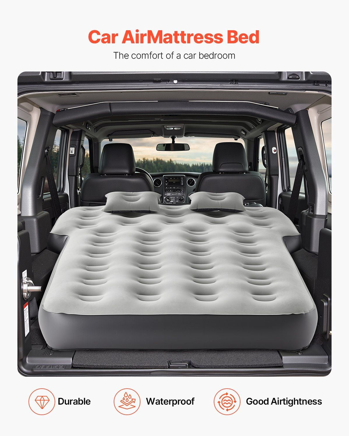 Car Air Mattress, Toyota 4Runner/Jeep Wrangler, Inflatable Camping Bed, Built-in Pump, 2 Pillows, Gray