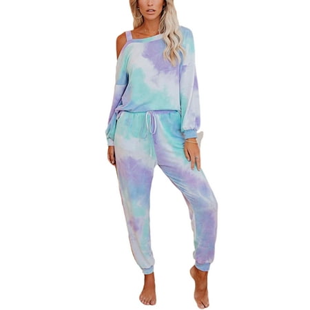 

Grianlook Women Loungwear Off Shoulder Nightwear Tie Dye Sleepwear Ladies Casual Pajamas Loose Fit Long Sleeve Pjs Light Purple S