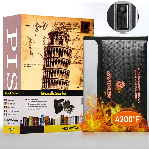 Diversion Book Safe with 4200°F Fireproof Money Bag and Combination Lock, 10.5" x 7.9" x 2.5" Fake Book Hidden Storage Safe, Hollow Secret Portable Metal Storage Box for Cash, Valuables