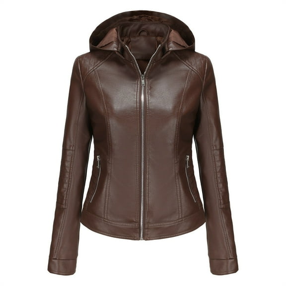 qucoqpe Women's Faux Leather Jacket Moto Biker Coat with Detachable Hood Motorcycle Jacket on Clearance