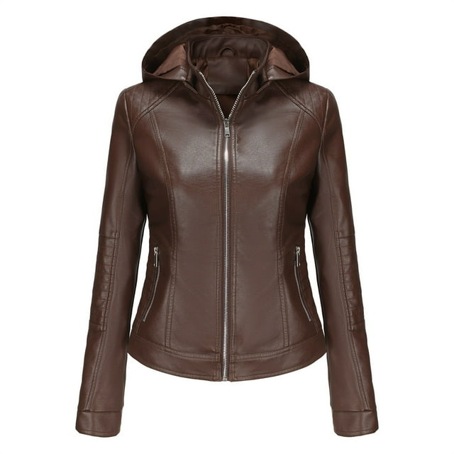 Qertyioot Veste en Cuir pour Femmes Col Montant Ajustée avec Capuche à Fermeture Éclair (Détachable)