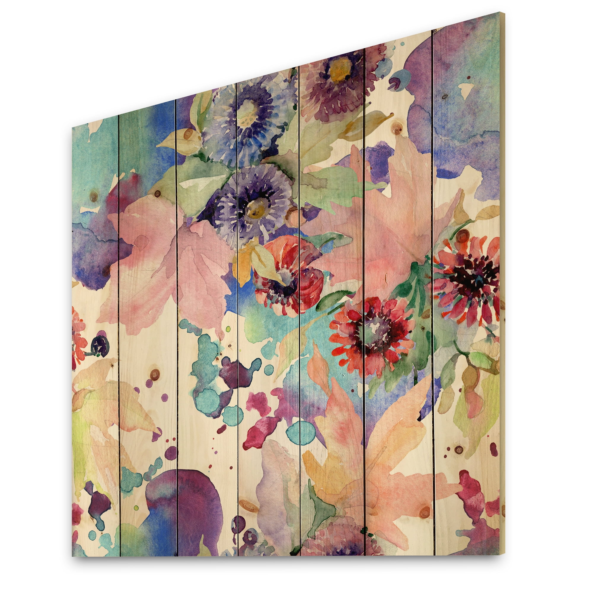 Designart 'Wildflowers and Vibrant Wild Spring Leaves VIII' Modern Print on Natural Pine Wood