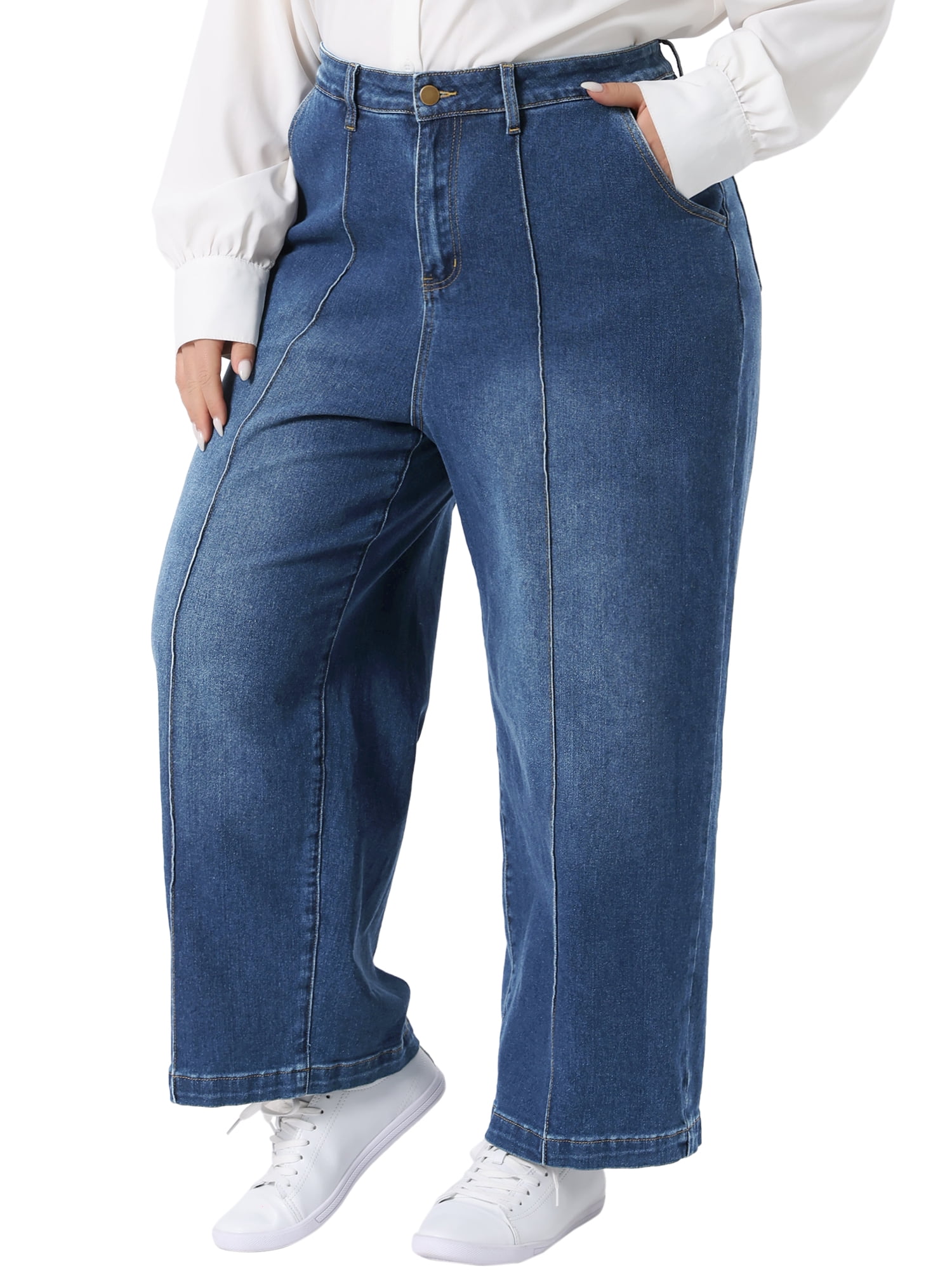 DARING DIVA Women's Plus Wide Leg Stretch with Pockets Denim Ankle Pants 3X Dark Blue