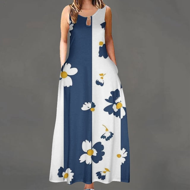 FcBaudy Robe Sans Manches Col Rond, Robes d'Été pour Femmes, Robes Sans Manches Col Rond Imprimé avec Poches Grande Robe d'Été pour Femmes