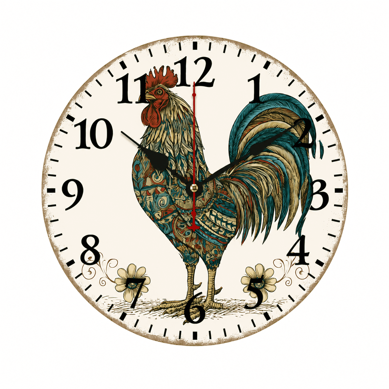 CozyHour Rooster Wall Clock, 9.84 inch Battery Operated Analog Clock, Vintage Farmhouse Kitchen Decor for Dining Room Office