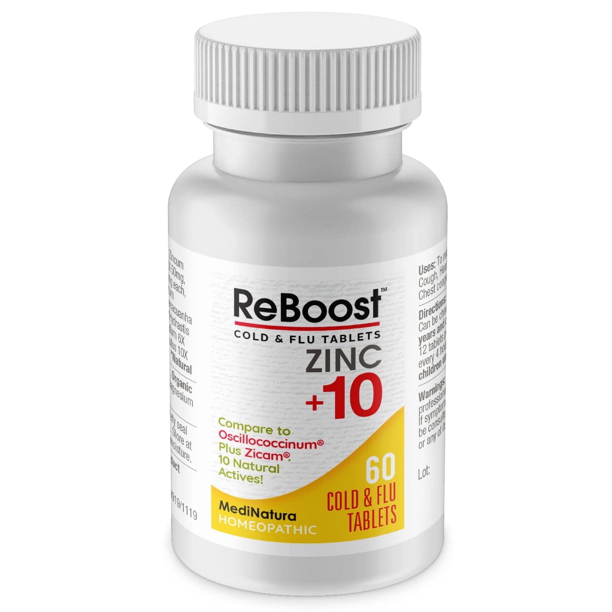 MediNatura ReBoost Zinc +10 MAX Cold and Flu Relief Tablets - Homeopathic Medicine - Lemon Flavor, 60 Count