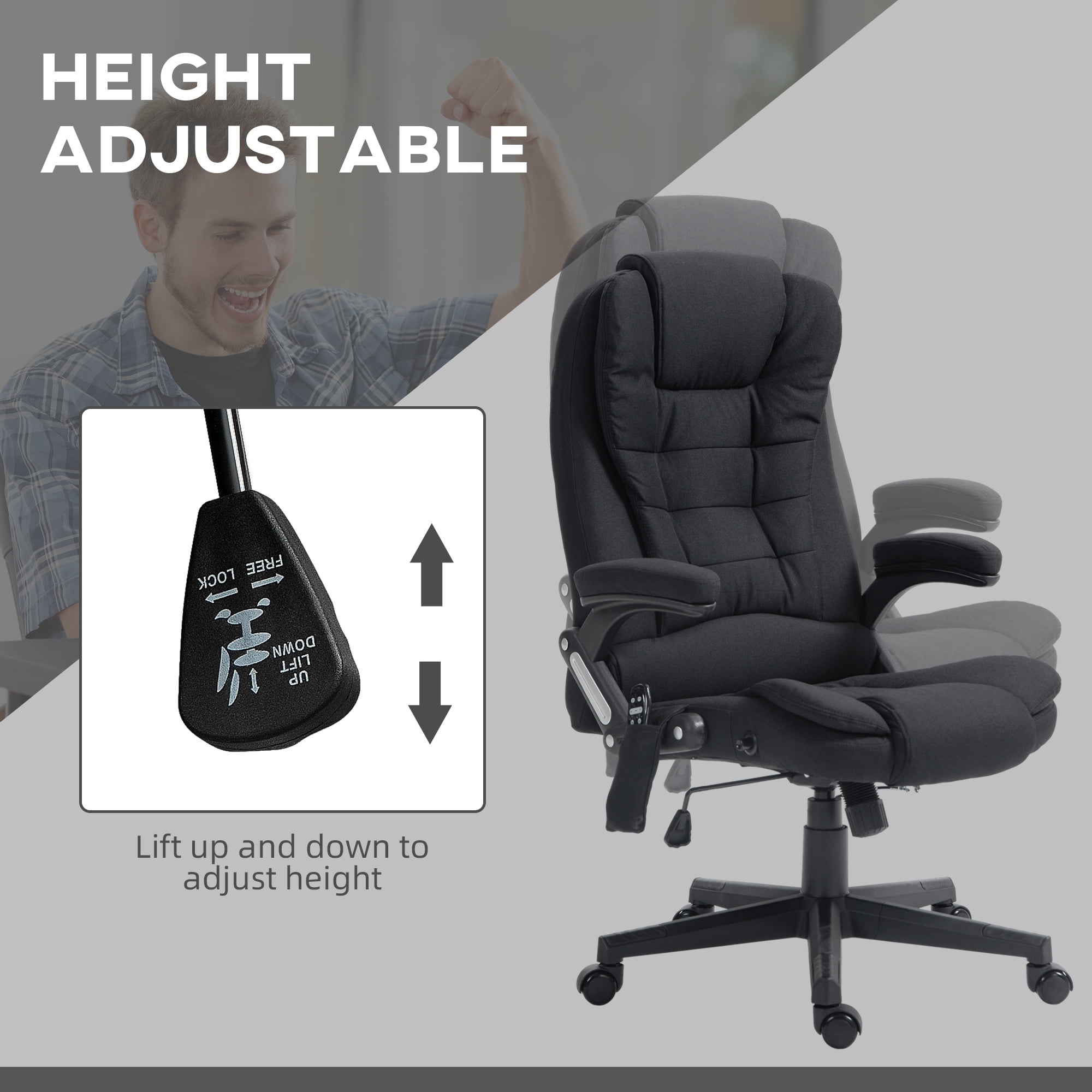 Vinsetto 6 Point Vibrating Massage Office Chair with Heat, Linen High Back Executive Office Chair with Reclining Backrest, Armrests, Black
