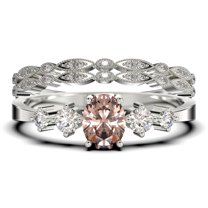 Minimalist Classic 1.65 Carat Oval Cut Morganite And Diamond Moissanite Engagement Ring, Fairy And Dainty Ring, Wedding Ring in 10k Solid White Gold, Gift For Woman, Promise Ring, Trio Rings Set