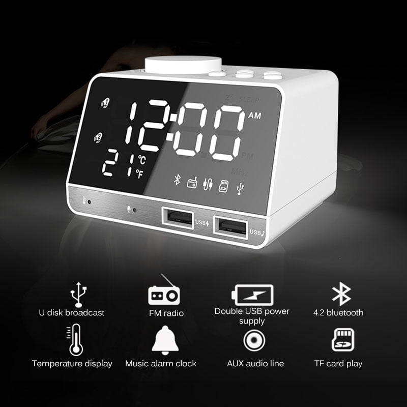 K11 Bluetooth Radio Alarm Clock Speaker With USB Ports LED