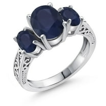 Gem Stone King 925 Sterling Silver Blue Sapphire 3 Stone Ring for Women | 3.31 Cttw | Gemstone Birthstone | Available in Size 5, 6, 7, 8, 9