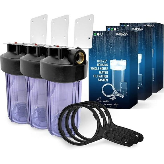 High Capacity 10 x 4.5” Whole House Filter Purifier System for Well or City Water, Presser Relief Button, 1” NPT Brass Port, Double O-ring, Meets NSF Standards & Regulations (Transparent, 3 Sets)