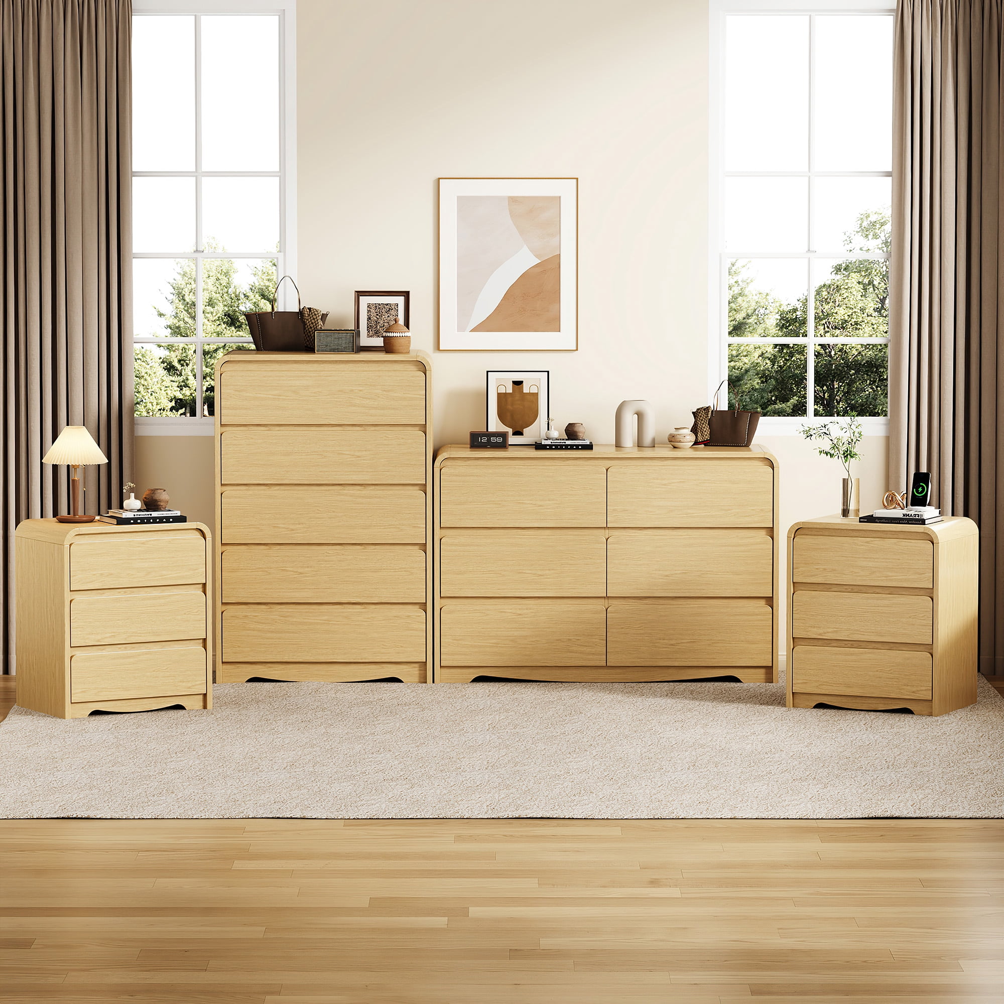 4 Piece Modern Bedroom Furniture Sets with Curved Edge, 5 Drawer Dresser, 6 Drawer Dresser, Nightstand Set of 2 with Charging Station, Natural Oak