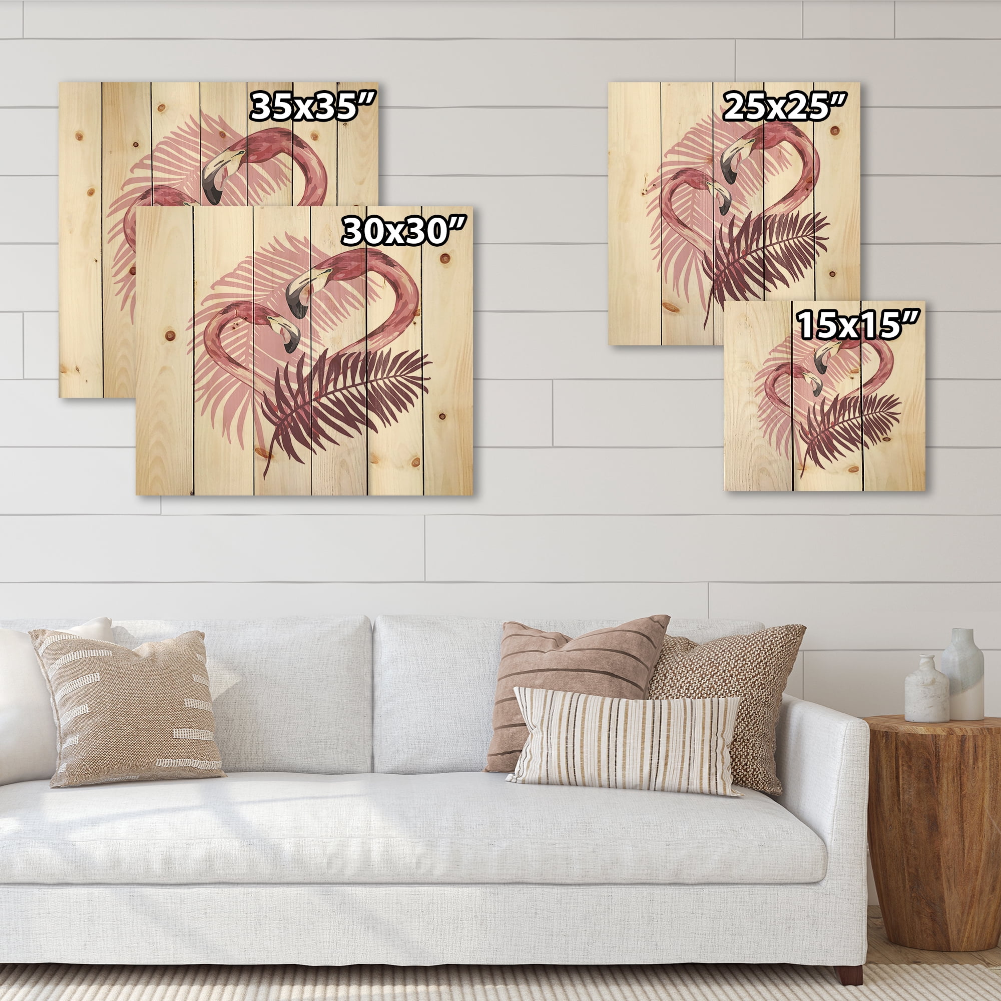 Designart 'Pink Flamingo In Tropical Summer II' Tropical Print on Natural Pine Wood