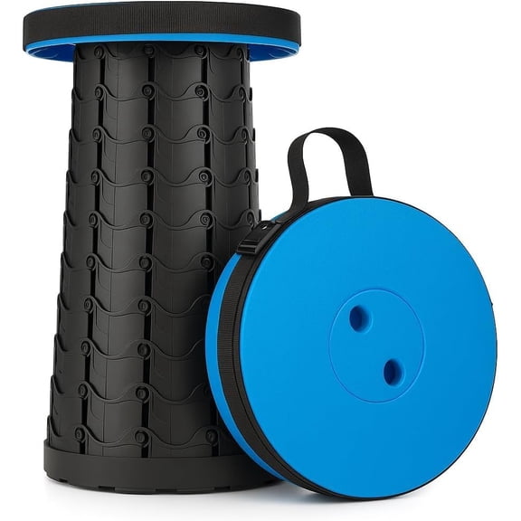 AMPMG Portable Collapsible Stool – Adjustable Height Folding Stool for Camping, Hiking, Fishing, BBQ, Travel, Outdoor Use Lightweight, Heavy-Duty Support, Portable Seat with Carry Strap (Blue)