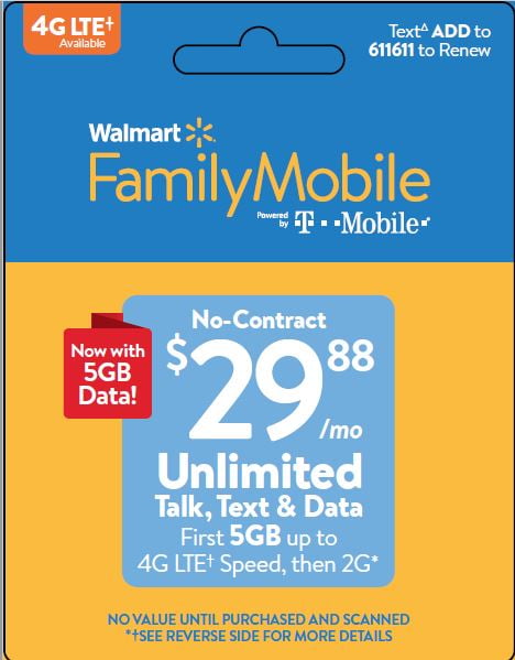 Walmart Family Mobile $29.88 Unlimited 30 Day Airtime Card