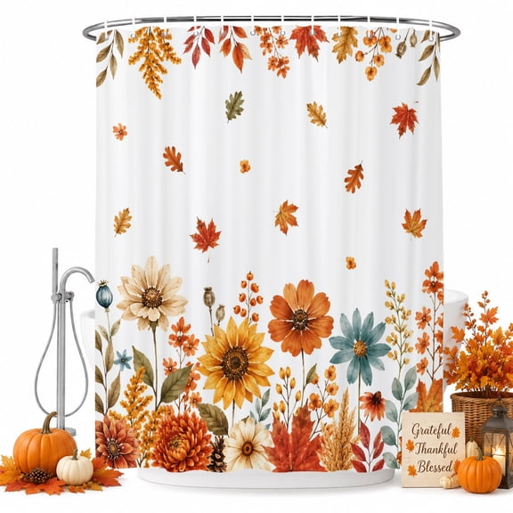 Autumn Season Shower Curtain, Orange Blue Red Floral Falling Maple Leaf Harvest Waterproof Washable Fabric Bathroom Shower Curtain with 12 Hooks, 72" x 78"