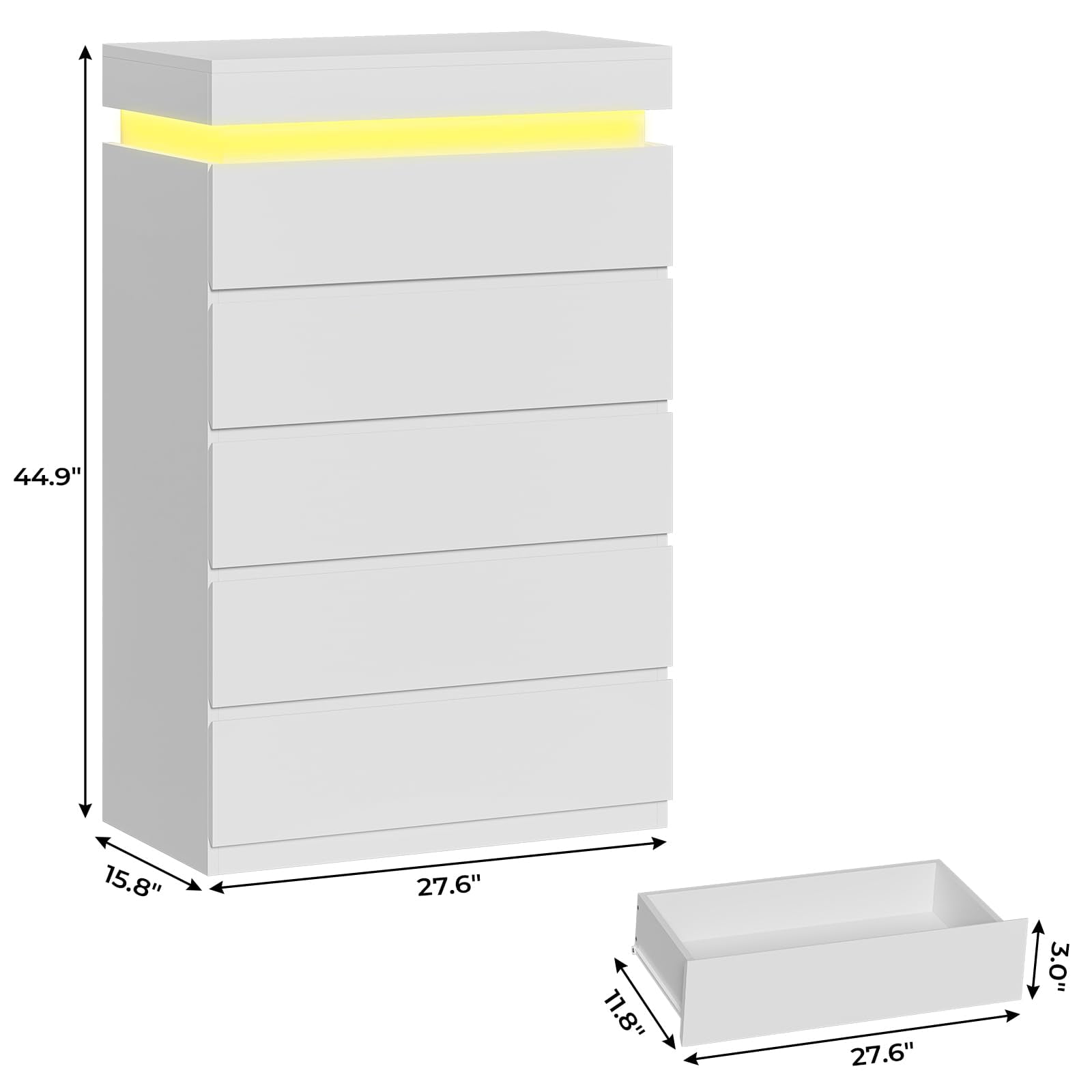 Afuhokles White 5 Drawer Dresser with LED Light, Chest of Drawers for Bedroom, White