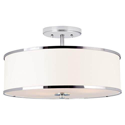 Kira Home Chloe 15 Pouces Rétro Moderne 3 Lumières Montage Semi-Plongeant Lumière de Plafond + Abat-Jour Tambour Blanc, Compatible LED, Diffuseur en Verre Trempé Rond, Finition Chromée