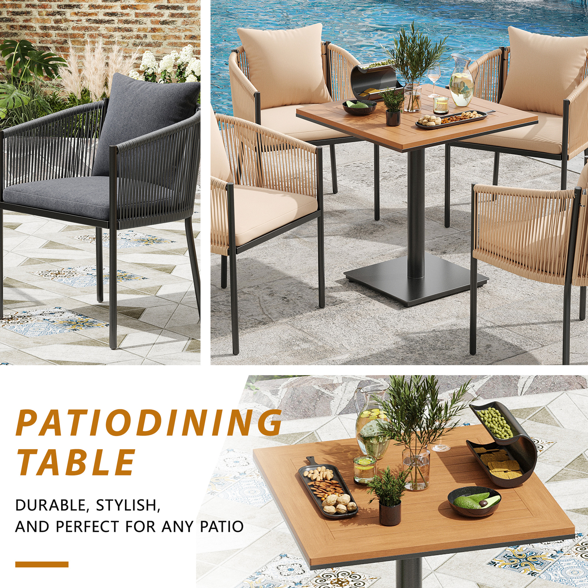 MAYEERTY Gray 5-Piece Outdoor Rattan Dining Set:4 Chairs with Cushions & Square Wood-Look Table, Weatherproof