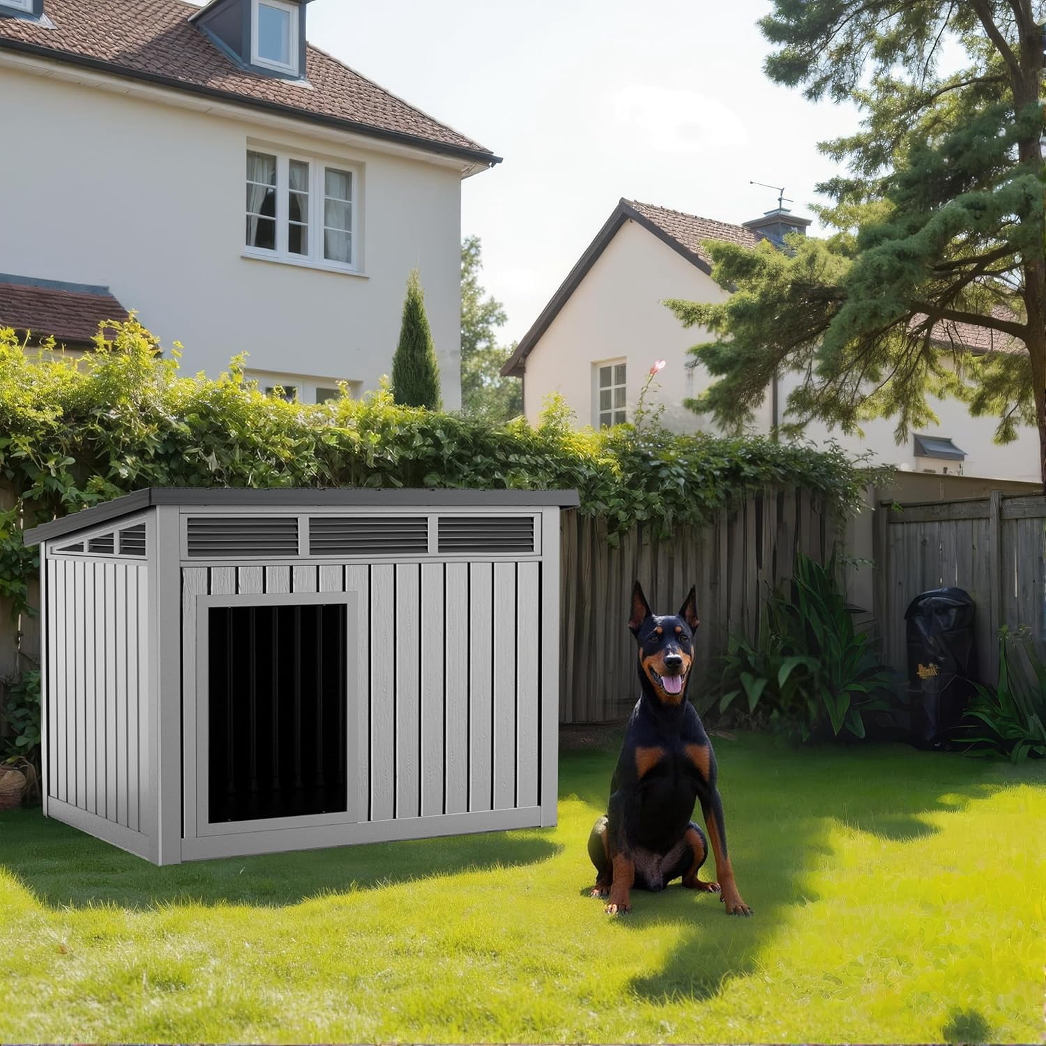 OFFIGAM Weatherproof Insulated Resin Dog House Grey Black Indoor Outdoor Medium Large 42.87x32.95x31.61in