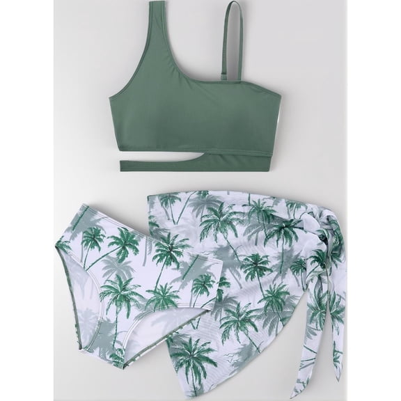 Girls 3 Piece Cutout Bikini Swimsuits Adjustable Straps Quick Dry Bathing Suit with Cover Up 7-16Y