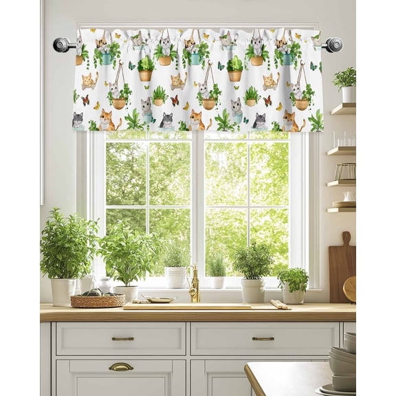 Curtain Valance for Windows,Cartoon Cat Funny Animal Kitchen Valances Rod Pocket Short Curtains,Butterfly Green Leaf Pot Plant Window Treatment Panel for Bedroom Bathroom 54"x18"