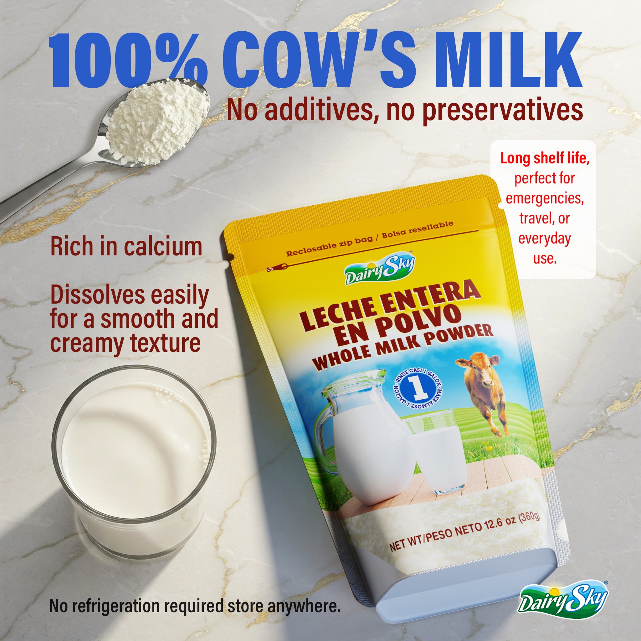 DairySky Whole Milk Powder – Grade A, Non-GMO Dry Milk for Baking, Drinks & Cooking, rBST-Free, Shelf Stable, Resealable Pouch, 12.6 oz ( Pack of 12)