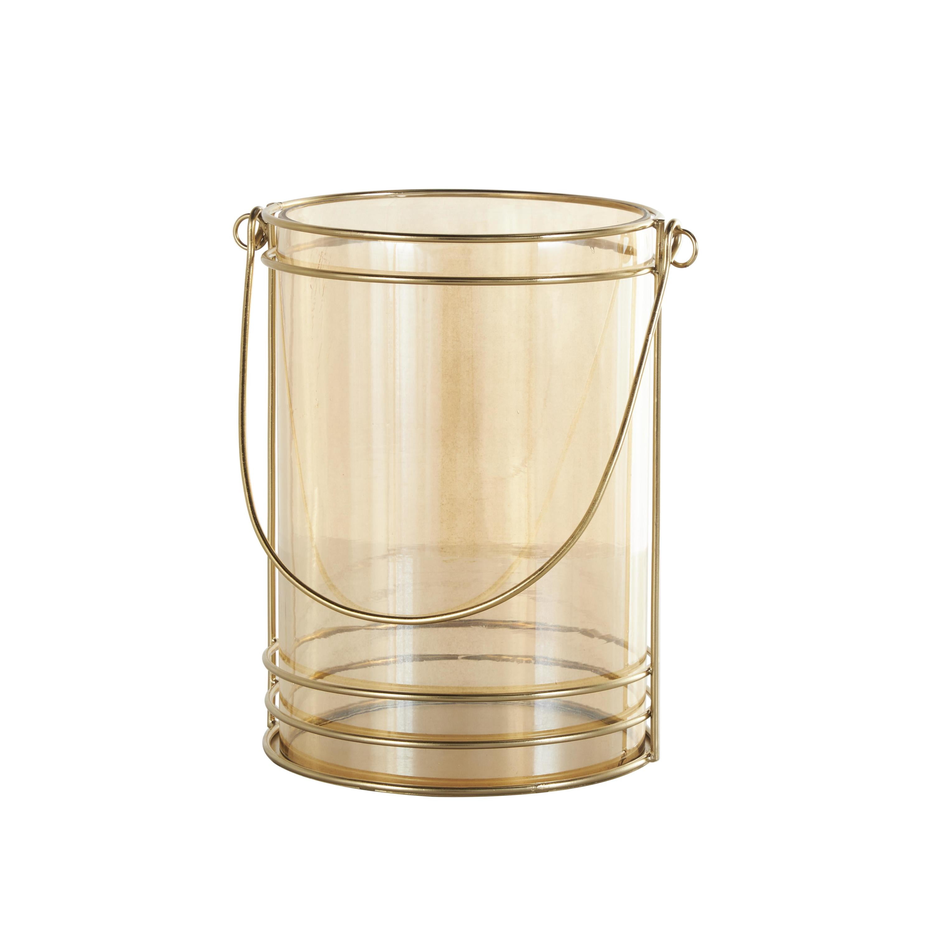 DecMode Gold Metal Candle Lantern with Thin Circular Rods and Tinted Glass