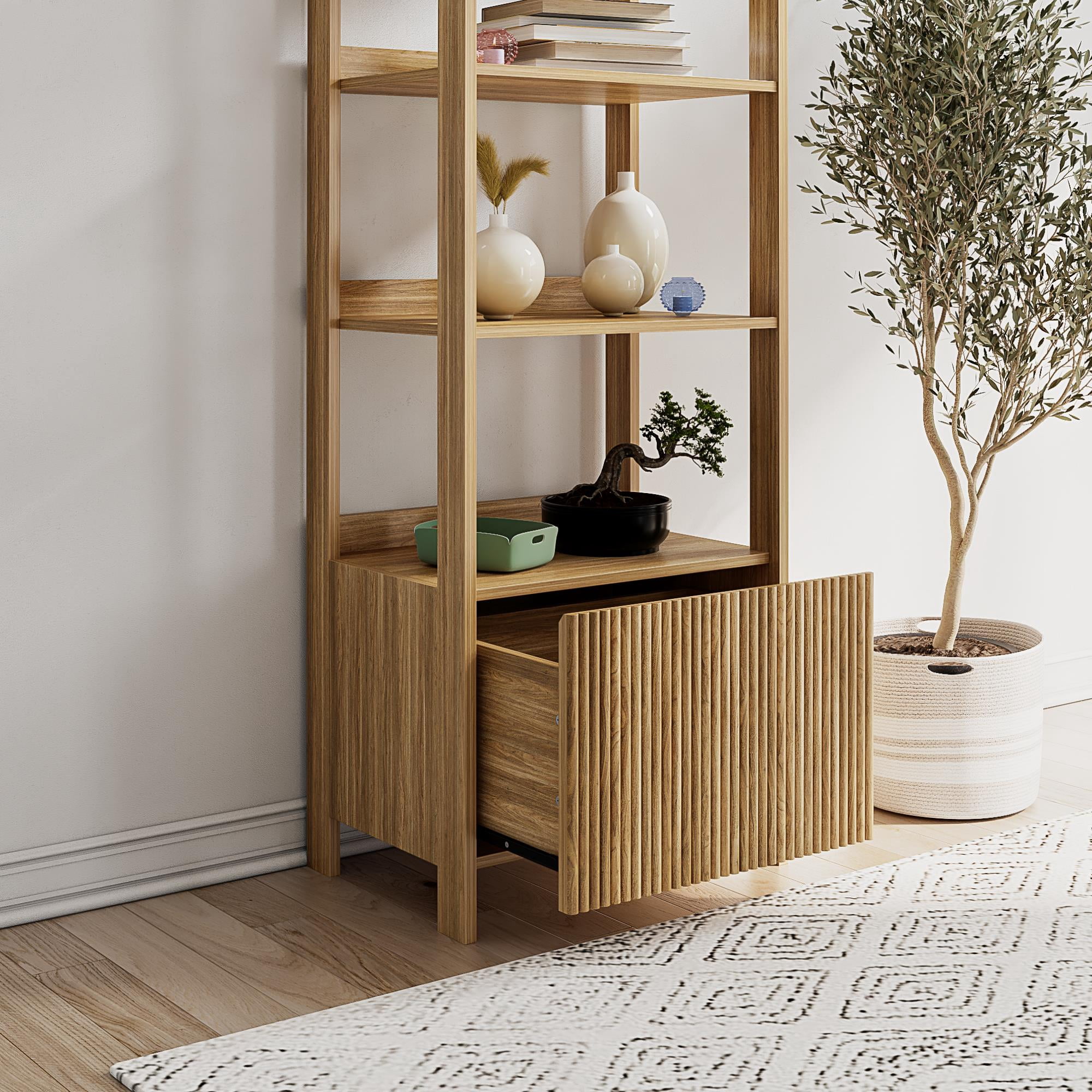 Mainstays 4-Shelf Reeded Bookcase with Drawer, Natural Teak