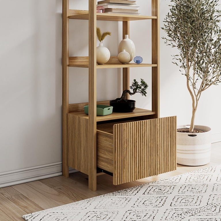 Mainstays 4-Shelf Bookcase with Drawer, Natural Teak photo 5