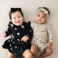 thumbnail image 2 of Baby Girls Autumn Romper Dress Floral Print Ruffles Long Sleeve Button Jumpsuits Headband, 2 of 9