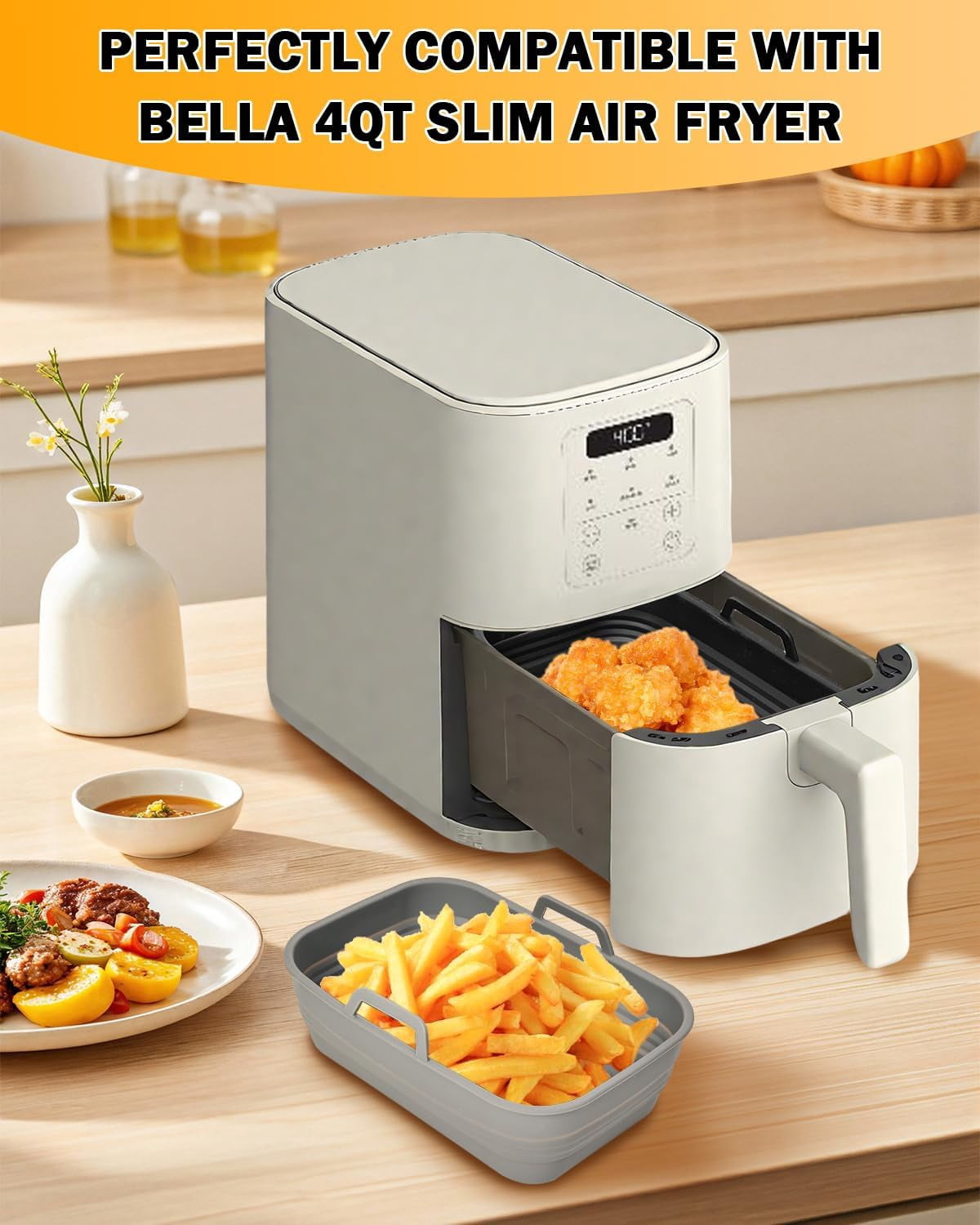 Neighborly Nook Air Fryer Silicone Liners Collapsible 2-Pack for bella 4Qt(3.3lb) Slim Air Fryer, Reusable Airfryer Silicone Pot Baking Basket Insert Accessories, Non Stick, Easy Cleaning, Gray+Black