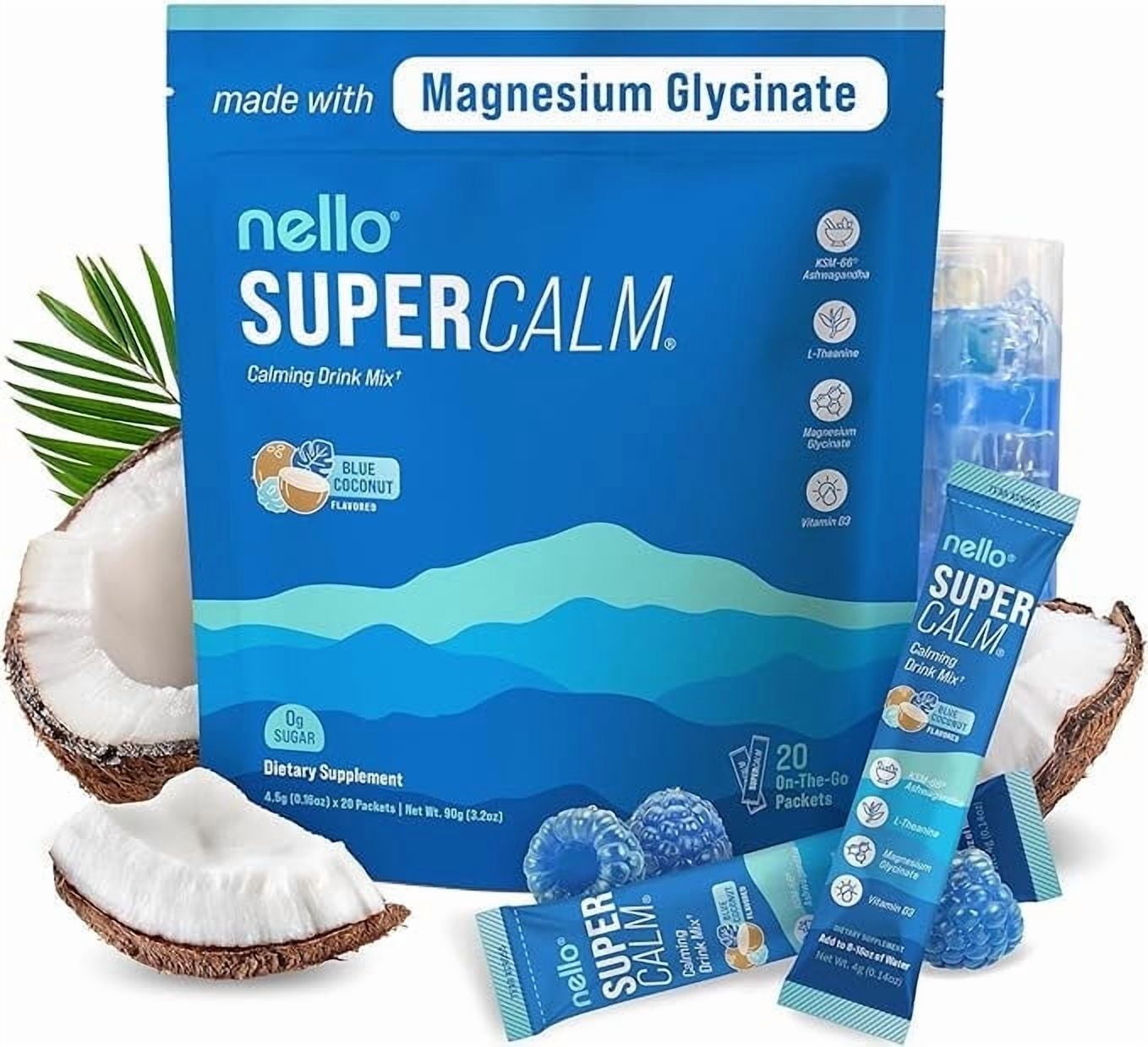 Nello Supercalm Drink Mix - Ashwagandha KSM 66, Magnesium Glycinate & L-Theanine Supplement - Ashwagandha Root Extract - Focus and Relaxation Support (20 Travel Packets) - Blue Coconut