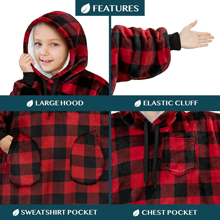 PAVILIA Wearable Blanket Sweatshirt for Kids Boy Girl Checker Black Red,  Warm Cozy Giant Blanket Hoodie, Fleece Sherpa Oversized Blanket Sweatshirt