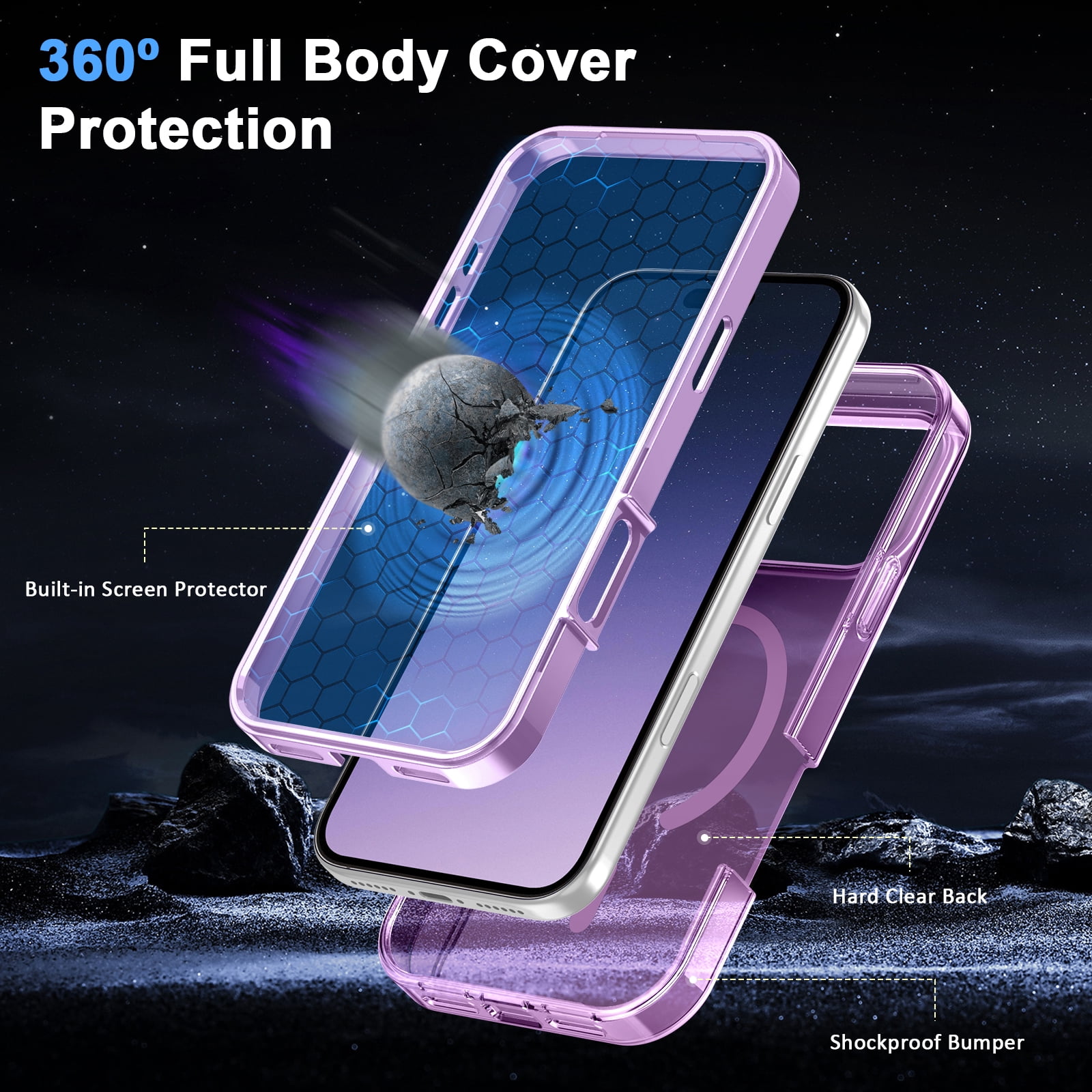 JETeacka Magnetic for iPhone 17 Pro Max Case 6.9" Full-Body Phone Case Built-in Screen Protector Compatible with Mag-Safe Drop Proof, Clear Purple