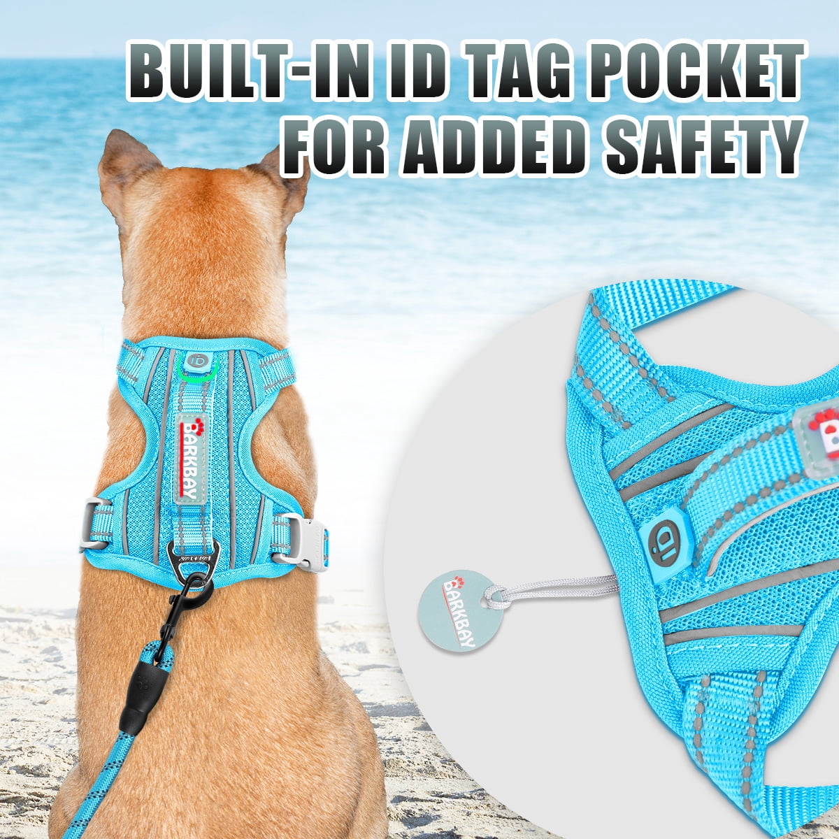 BARKBAY No Pull Dog Harness Large Reflective Dog Harness with Front Clip and Easy Control Handle for Walking Training Running with ID tag Pocket(Ocean Blue,L)