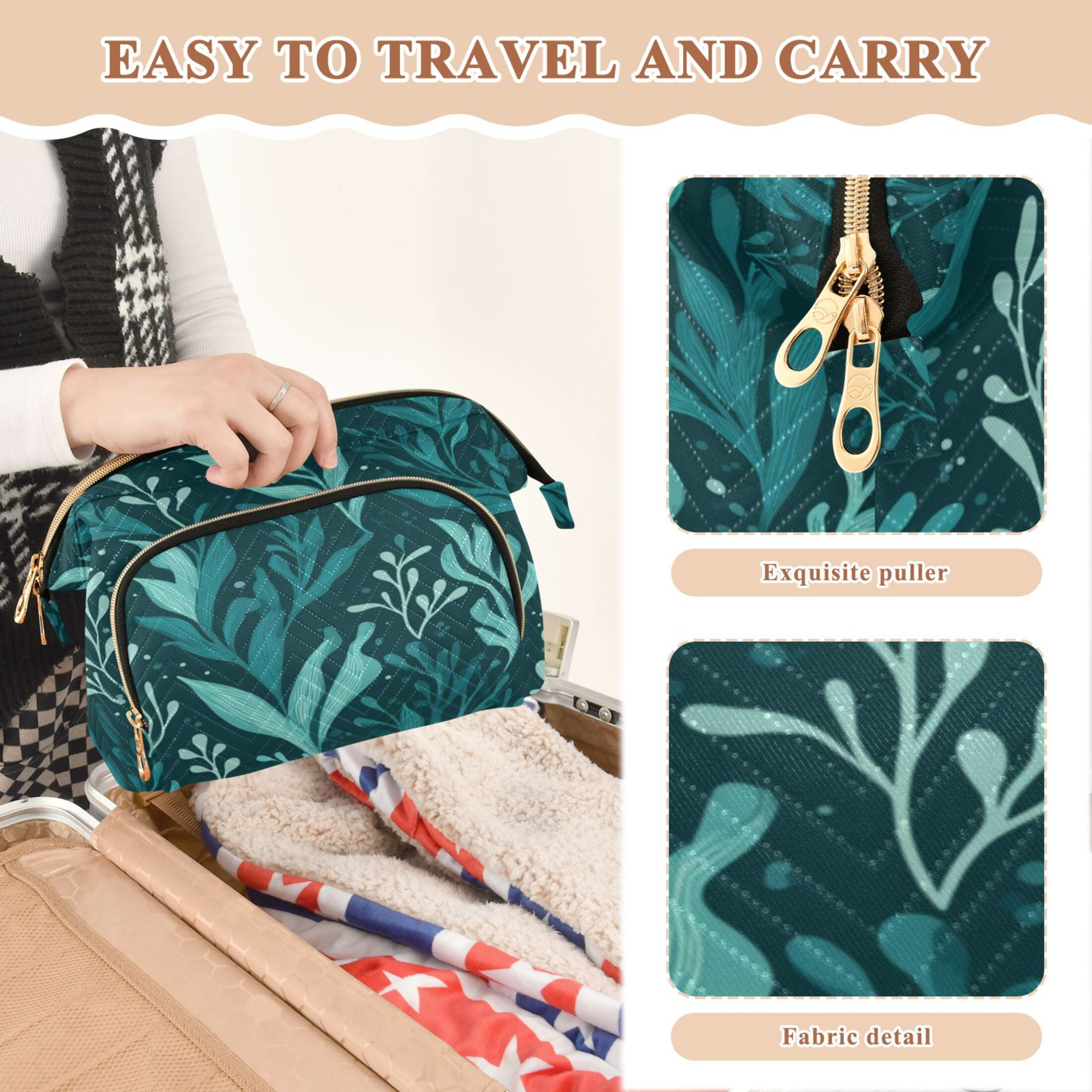 Wavy Quilted Cosmetic Bag Large-Capacity Travel Toiletry Organizer Includes 9-Piece Portable Travel Bottle Set Dark Green Seaweed
