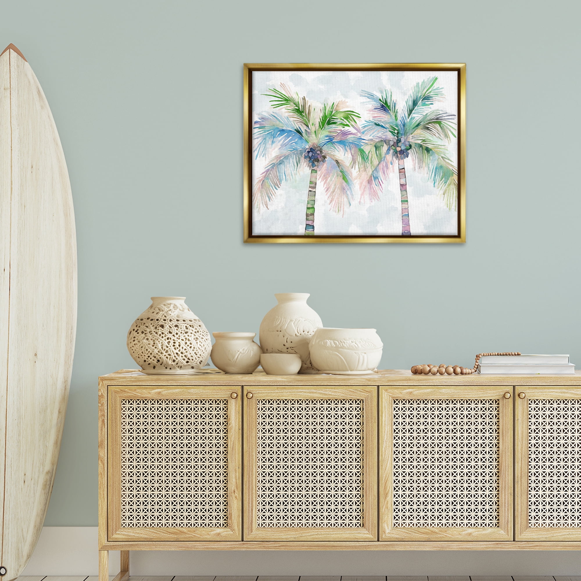 Stupell Industries Soft Palm Tree Pair Botanical & Floral Painting Gold Floater Framed Canvas Art Print Wall Art, 31 x 25