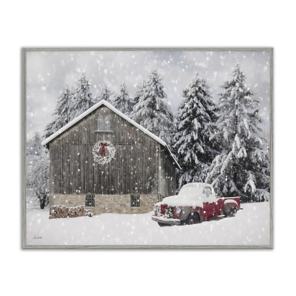 Stupell Industries Snow Covered Farm Scene Holiday Painting Gray Framed Art Prints Wall Art, 20 x 16