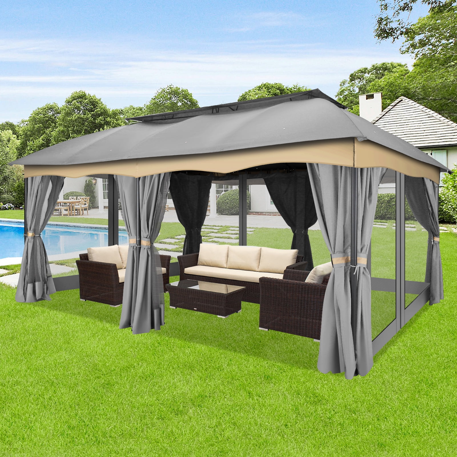 COBIZI 12X20 Heavy Duty Gazebo Outdoor Gazebo with Mosquito Netting and Curtains, Canopy Tent Deck Gazebo with Double-Arc Roof Ventiation and Metal Steel Frame Suitable for Lawn, Backyard, Patio,Gray