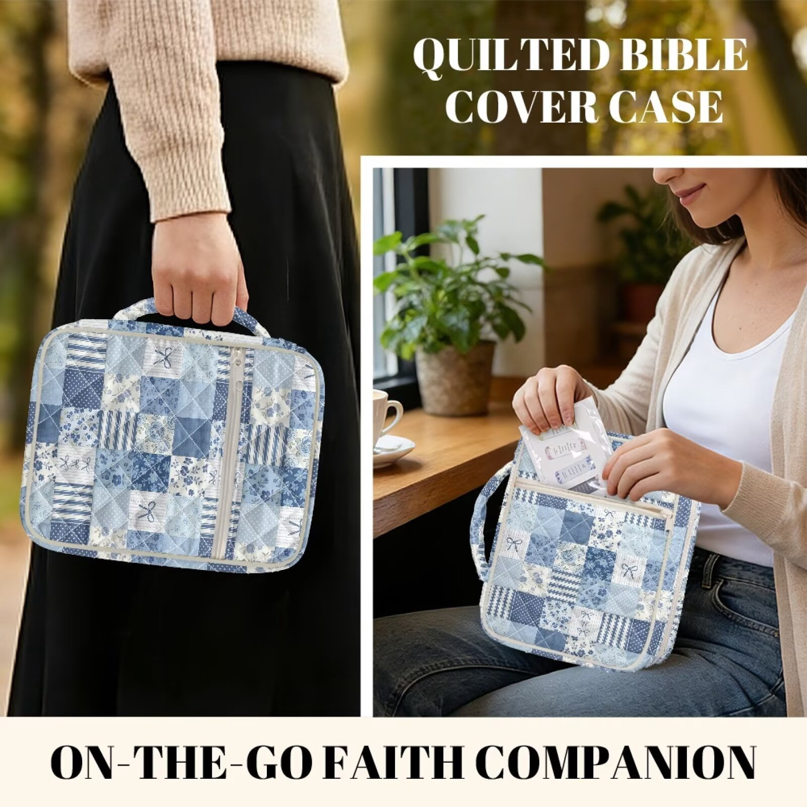 Pzuqiu Spliced Flower Womens Bible Study Supplies includes 75 Bible Tabs & 12 Bookmarks Vintage Scripture Case Church Bag Protective with Handle and Front Pocket Christian Gifts
