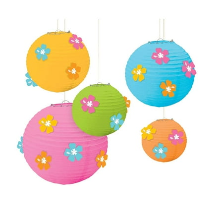 Paper Party Lanterns - Hibiscus Paper Lanterns W/ Flower Add-Ons (Each) - Party Supplies