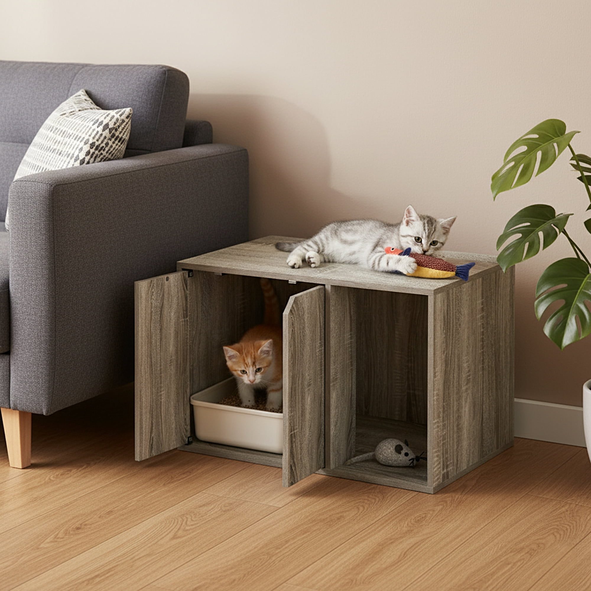 Furinno Peli Cat Litter Box Enclosure, 24 Inch Hidden Litter Box Furniture with Side Entrance, Wooden Pet House with Doors, Easy Assembly, for Living Room, Grey Oak