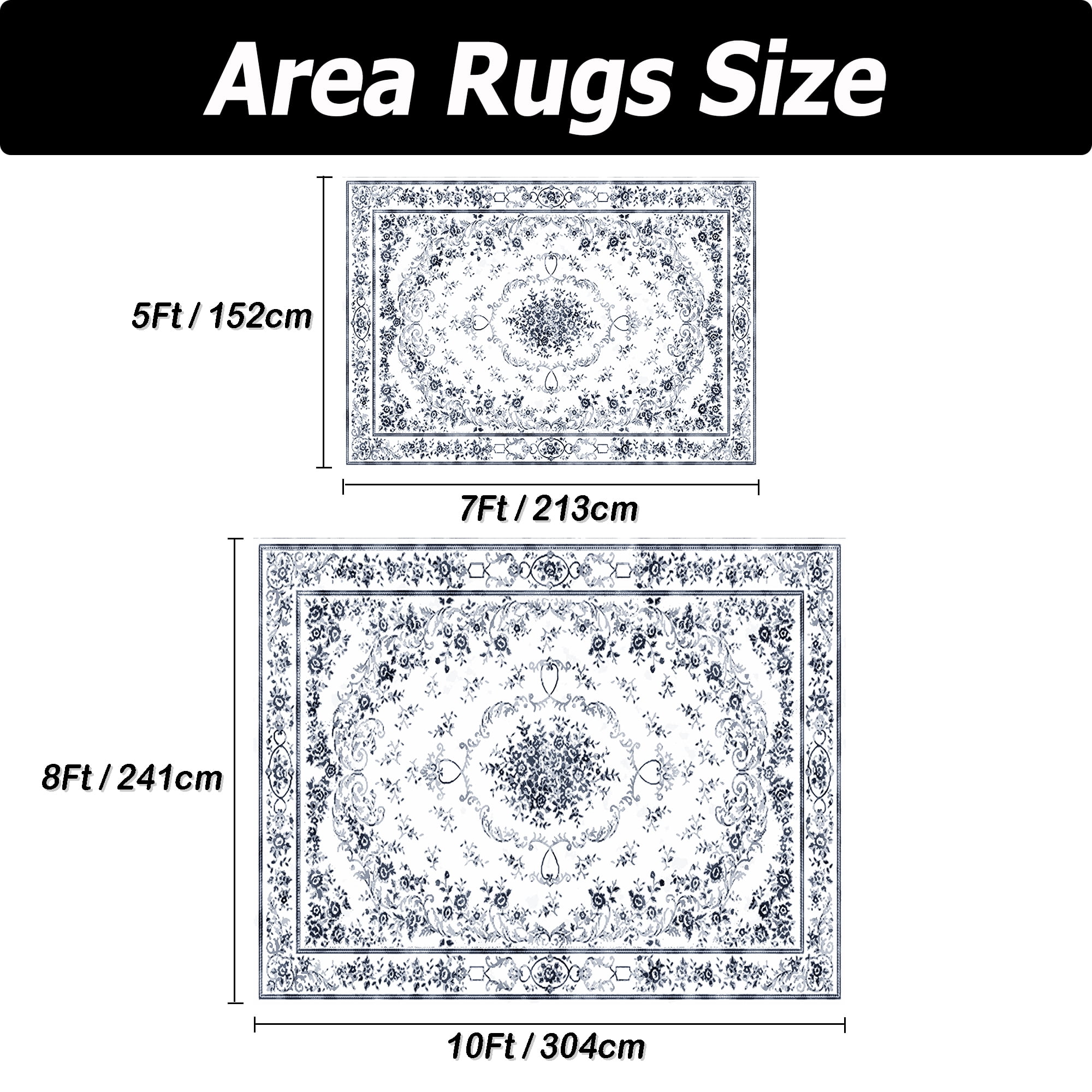 Artnice Vintage Floral Washable Rugs, Gray Area Rugs for Living Room 8x10, Soft Faux Wool Room Rug Non Slip Indoor Carpet Mats for Home Decor