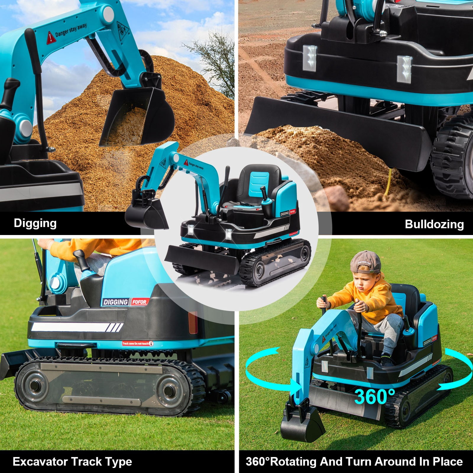 2 IN 1 12V12AH Powered Kids Ride on Excavator Bulldozer 360°Electric Traxcavator 3-Speed w/Music,Toolbox,Remote Control（Blue）
