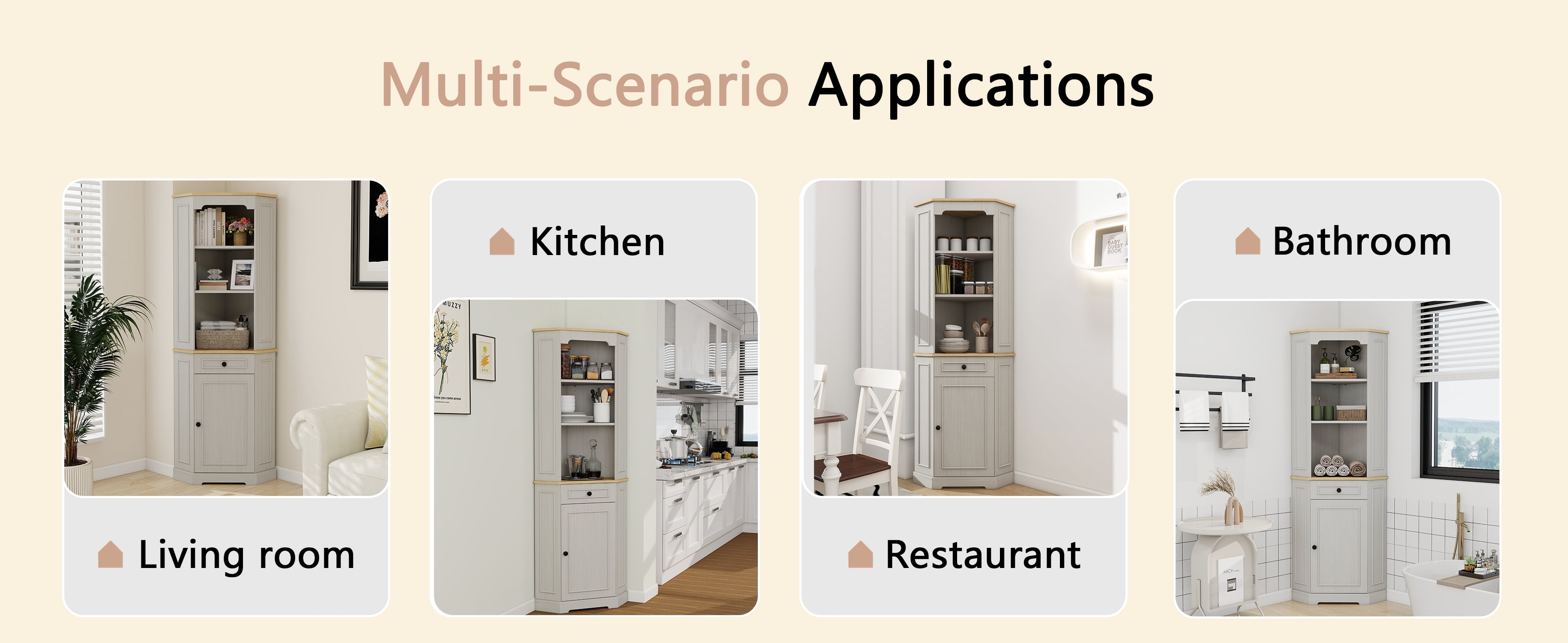 Mintazer Tall Corner Storage Cabinet with Drawer, Freestanding Display Cupboard with Adjustable Open Shelves & Closed Cabinet for Living Room Kitchen Dining Bathroom, Antique White
