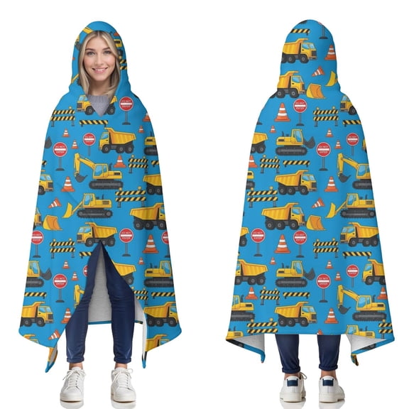 Wearable Blanket,Cartoon Construction Vehicles Barriers Hooded Wearable Sherpa Blanket for Adults & Teens,Winter Poncho Shawl Wrap Cape Thick Warm,50"x60"